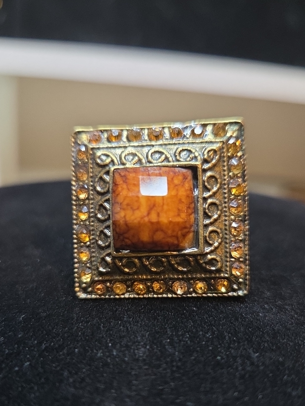 Vintage-Inspired Square Statement Adjustable Ring with Amber Center